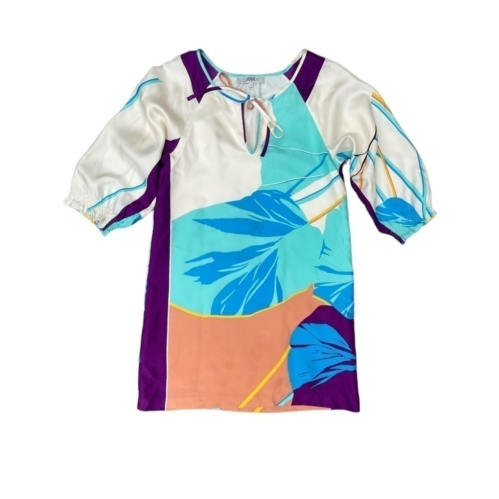 Tibi 100% silk Shift Dress Roomy Size 0 Tropical Print On White Puff Sleeve